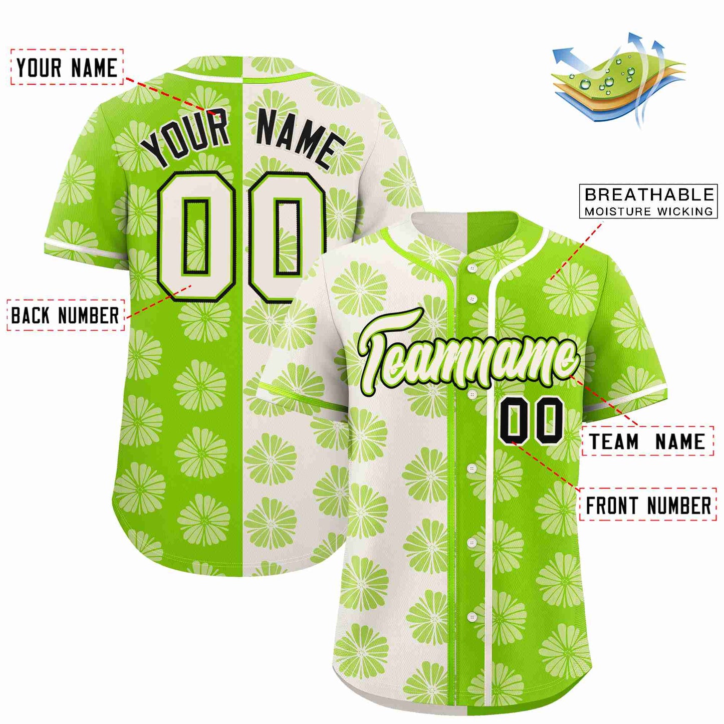 Custom Cream Neon Green Split Fashion Flower Graffiti Pattern Authentic Baseball Jersey