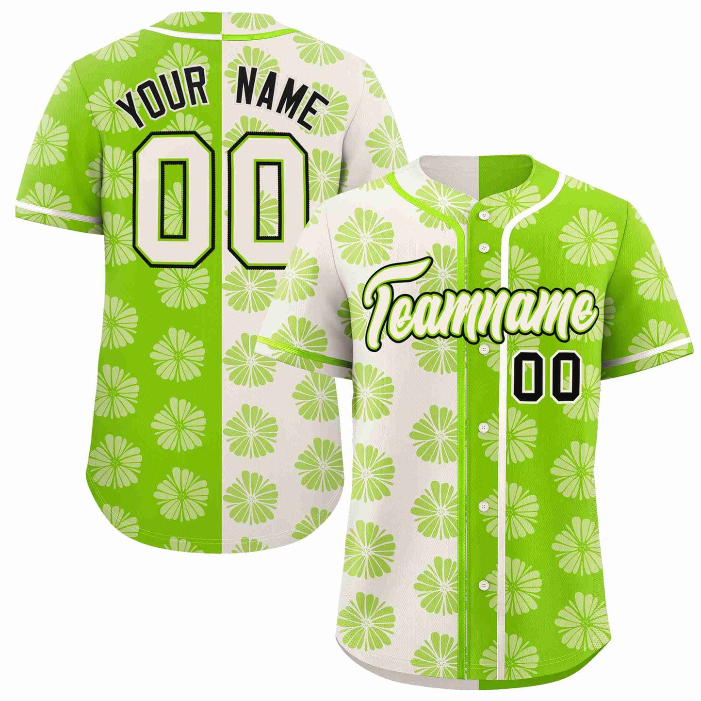 Custom Cream Neon Green Split Fashion Flower Graffiti Pattern Authentic Baseball Jersey