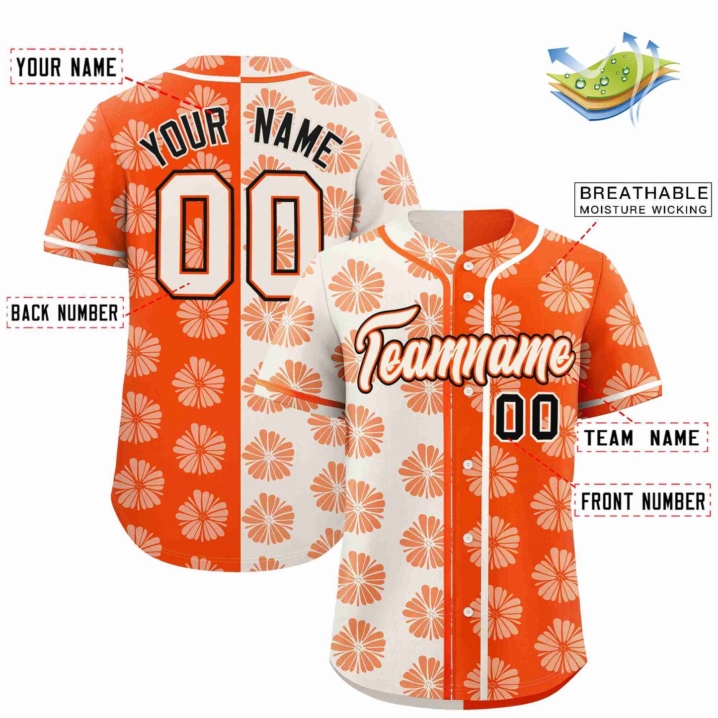 Custom Cream Orange Split Fashion Flower Graffiti Pattern Authentic Baseball Jersey