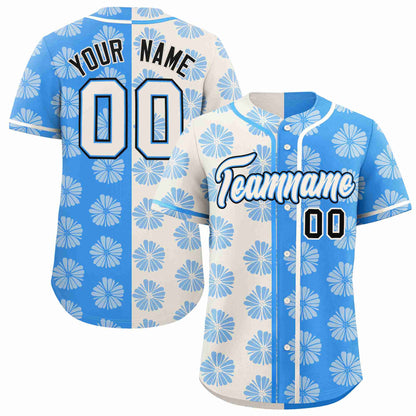 Custom Cream Powder Blue Split Fashion Flower Graffiti Pattern Authentic Baseball Jersey