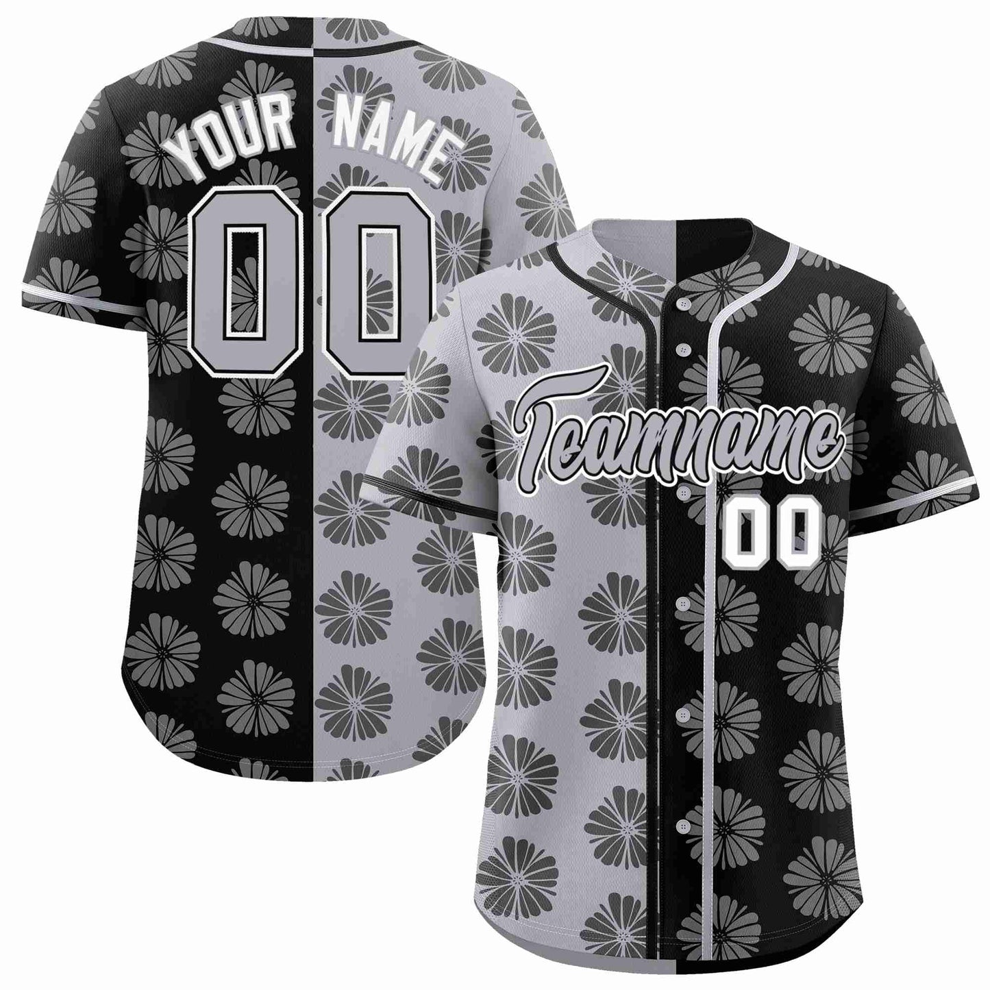 Custom Light Gray Black Split Fashion Flower Graffiti Pattern Authentic Baseball Jersey