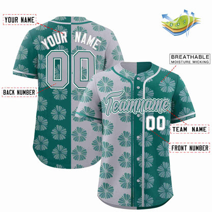 Custom Light Gray Aqua Split Fashion Flower Graffiti Pattern Authentic Baseball Jersey