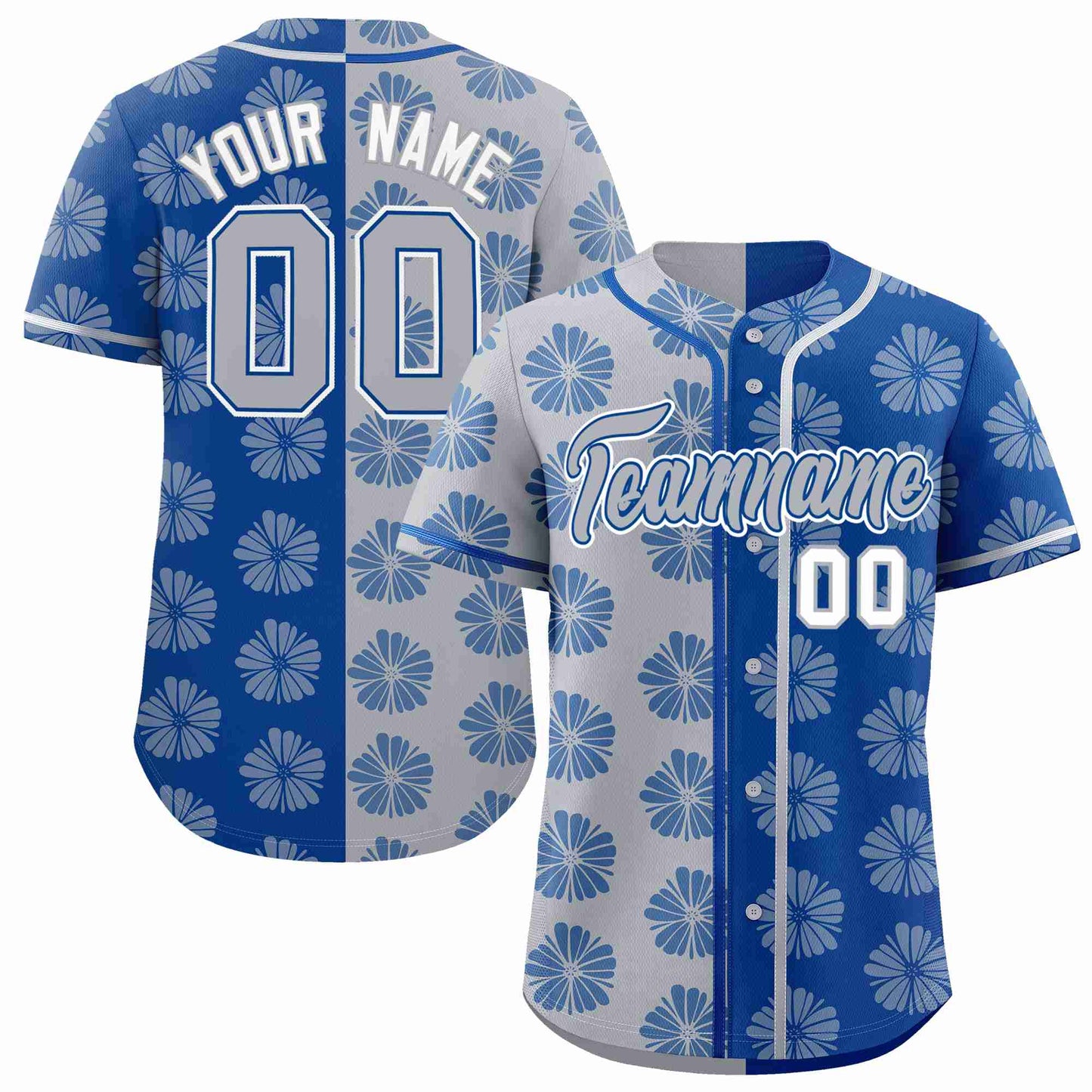 Custom Light Gray Royal Split Fashion Flower Graffiti Pattern Authentic Baseball Jersey