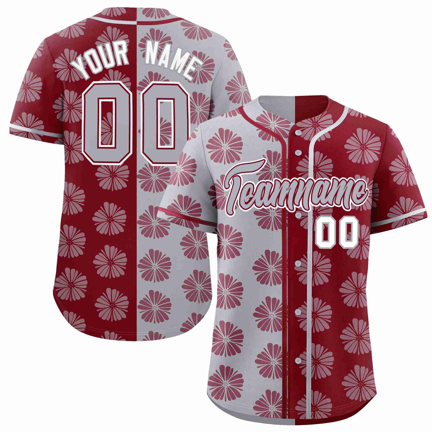 Custom Light Gray Crimson Split Fashion Flower Graffiti Pattern Authentic Baseball Jersey