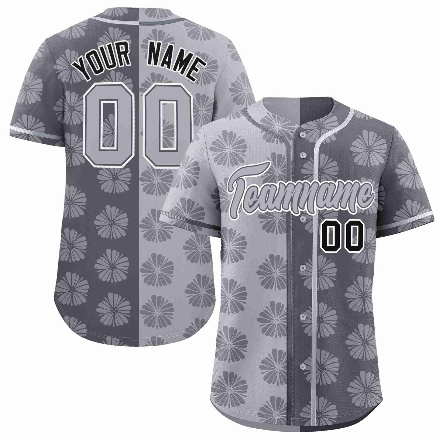 Custom Light Gray Dark Gray Split Fashion Flower Graffiti Pattern Authentic Baseball Jersey