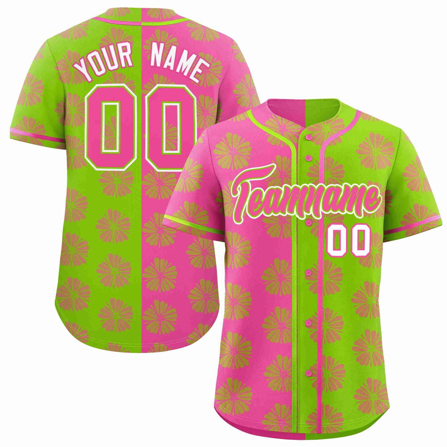 Custom Pink Neon Green Split Fashion Flower Graffiti Pattern Authentic Baseball Jersey