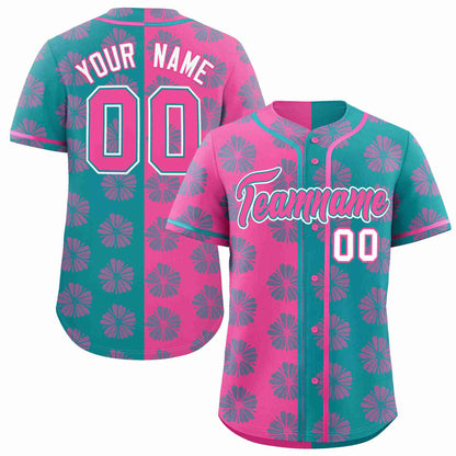 Custom Pink Aqua Split Fashion Flower Graffiti Pattern Authentic Baseball Jersey