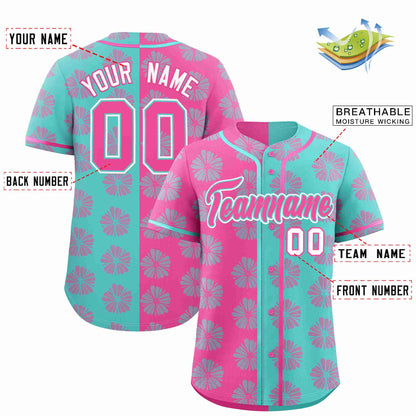 Custom Pink Aqua Split Fashion Flower Graffiti Pattern Authentic Baseball Jersey