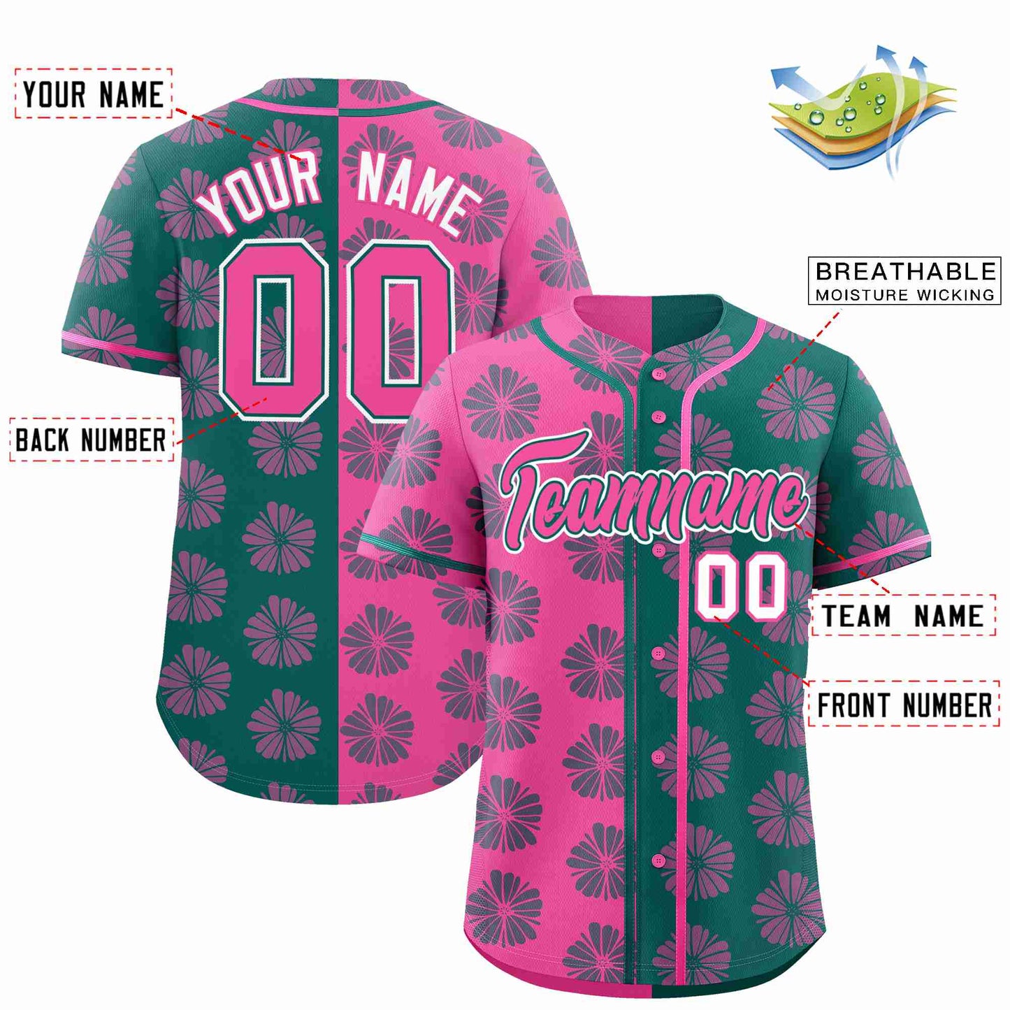 Custom Pink Aqua Split Fashion Flower Graffiti Pattern Authentic Baseball Jersey