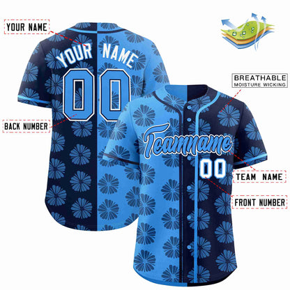 Custom Powder Blue Navy Split Fashion Flower Graffiti Pattern Authentic Baseball Jersey