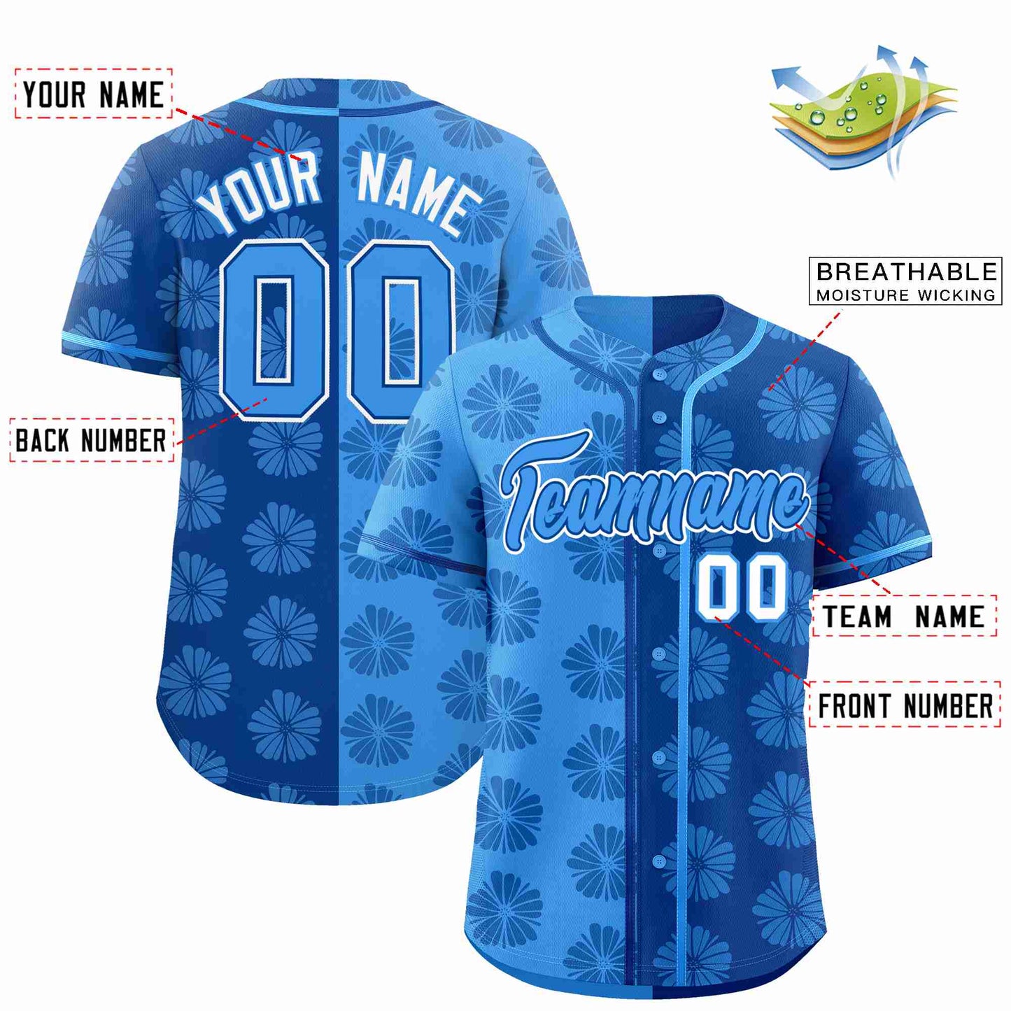 Custom Powder Blue Royal Split Fashion Flower Graffiti Pattern Authentic Baseball Jersey