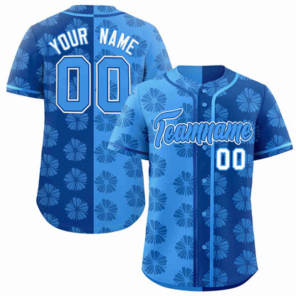 Custom Powder Blue Royal Split Fashion Flower Graffiti Pattern Authentic Baseball Jersey