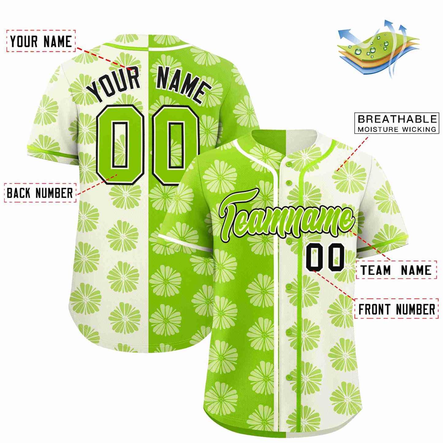 Custom Neon Green Cream Split Fashion Flower Graffiti Pattern Authentic Baseball Jersey