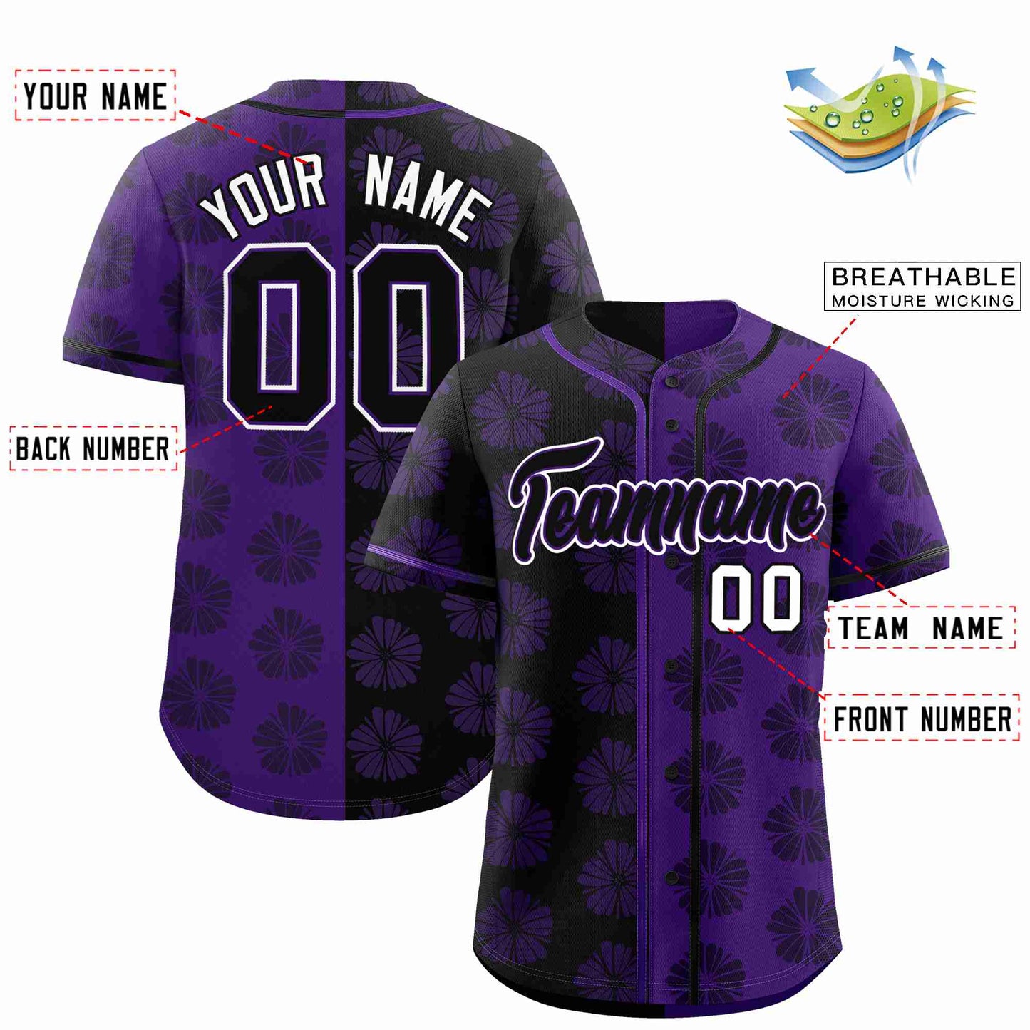 Custom Black Purple Split Fashion Flower Graffiti Pattern Authentic Baseball Jersey