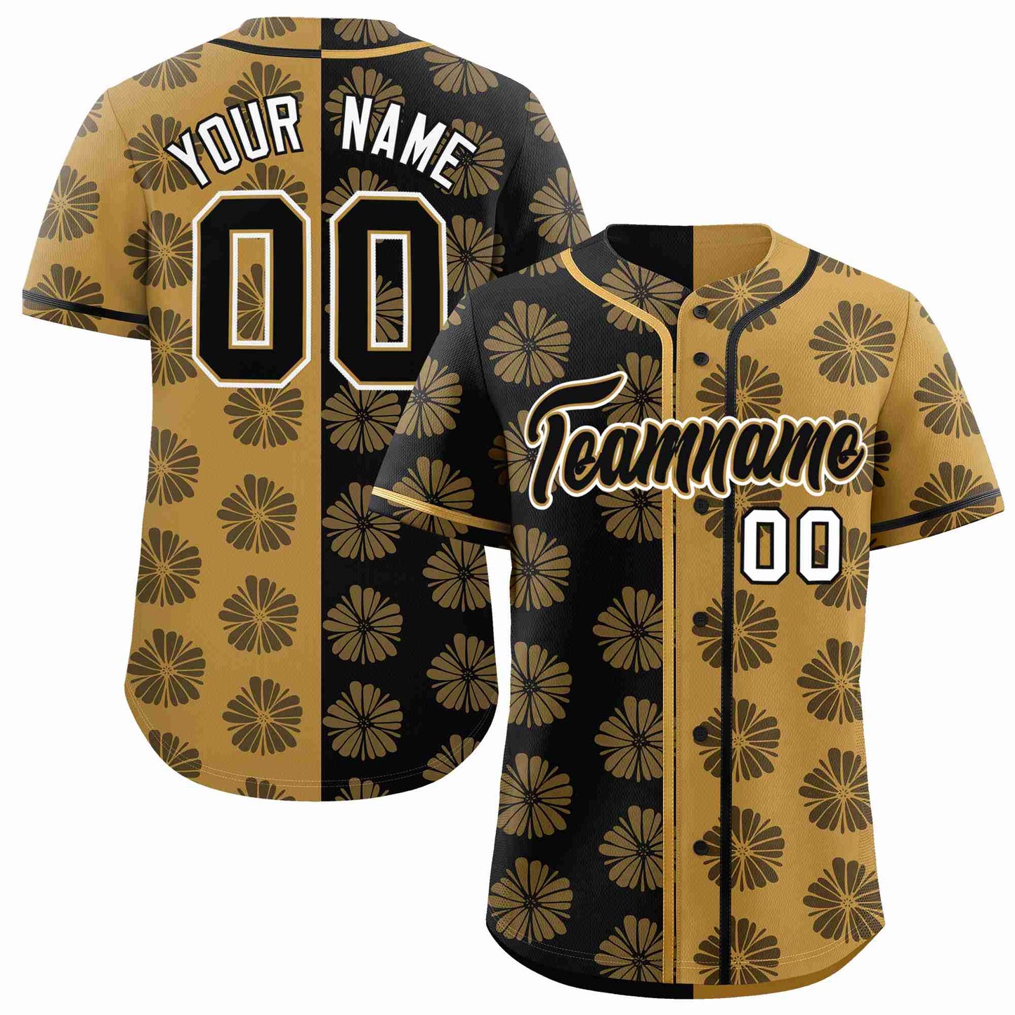 Custom Black Old Gold Split Fashion Flower Graffiti Pattern Authentic Baseball Jersey