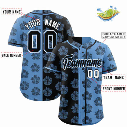 Custom Black Light Blue Split Fashion Flower Graffiti Pattern Authentic Baseball Jersey