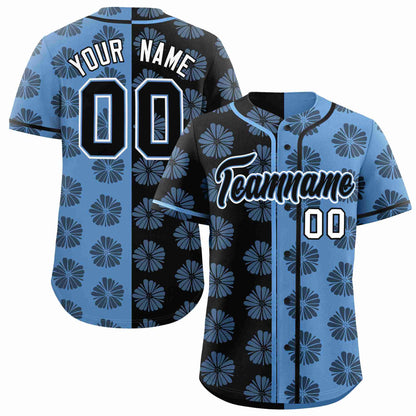 Custom Black Light Blue Split Fashion Flower Graffiti Pattern Authentic Baseball Jersey