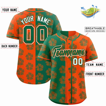 Custom Kelly Green Orange Split Fashion Flower Graffiti Pattern Authentic Baseball Jersey