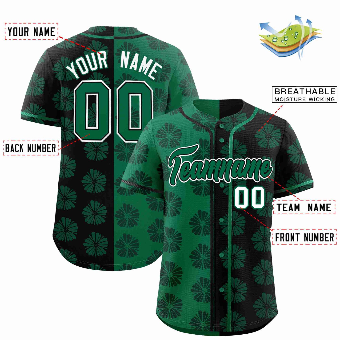 Custom Kelly Green Black Split Fashion Flower Graffiti Pattern Authentic Baseball Jersey