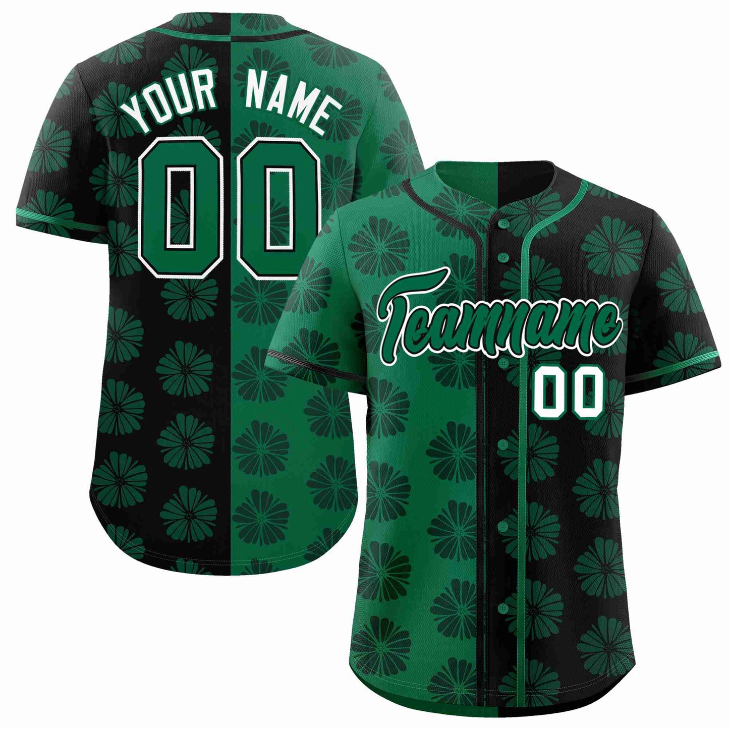 Custom Kelly Green Black Split Fashion Flower Graffiti Pattern Authentic Baseball Jersey