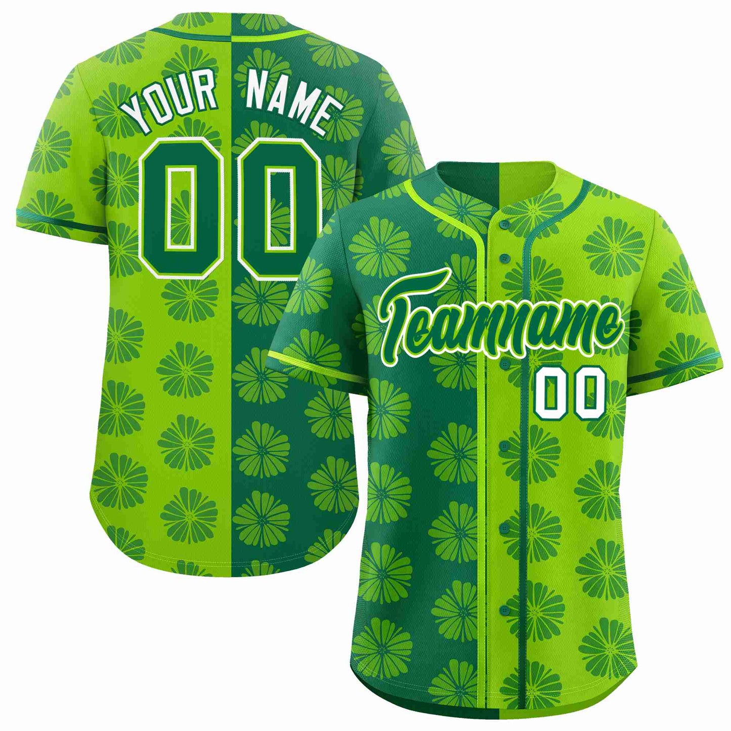 Custom Kelly Green Neon Green Split Fashion Flower Graffiti Pattern Authentic Baseball Jersey