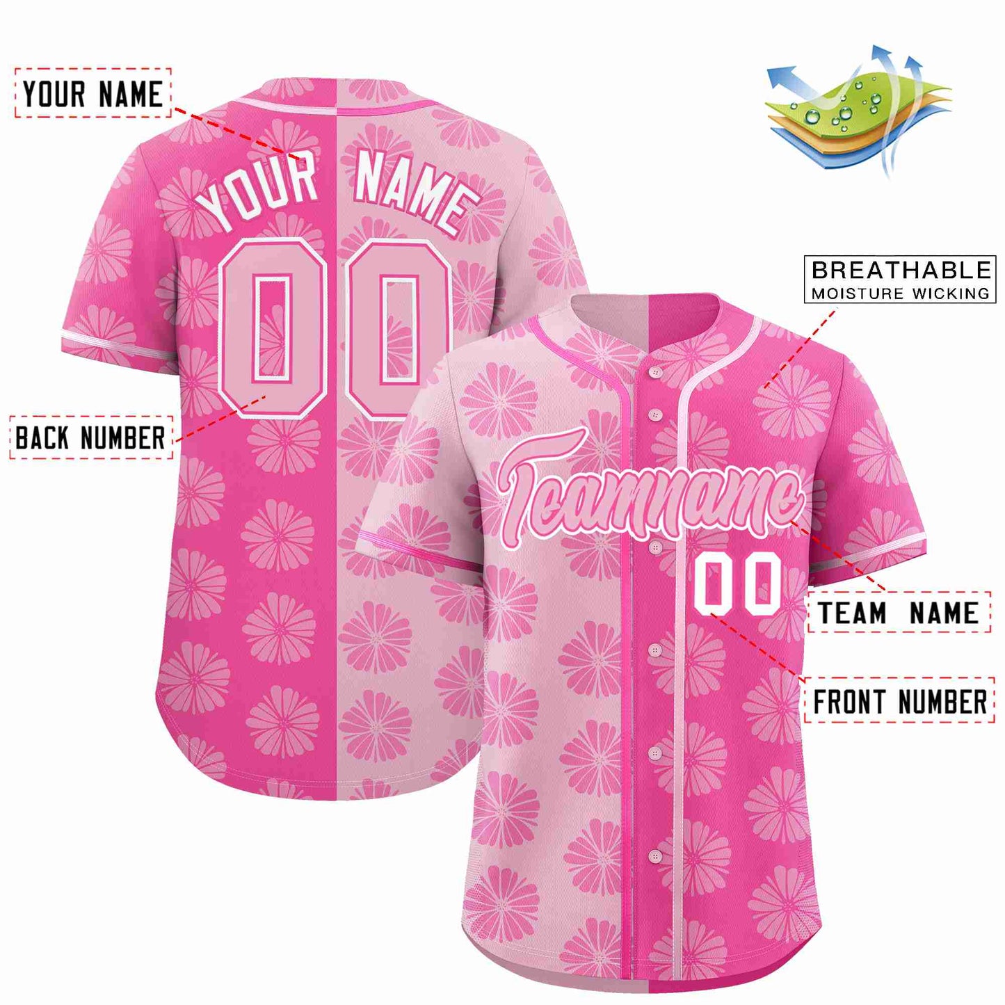 Custom Light Pink Pink Split Fashion Flower Graffiti Pattern Authentic Baseball Jersey