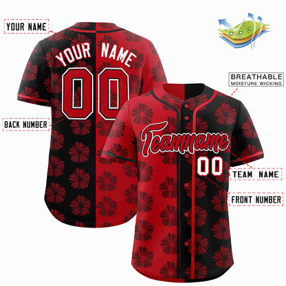 Custom Red Black Split Fashion Flower Graffiti Pattern Authentic Baseball Jersey