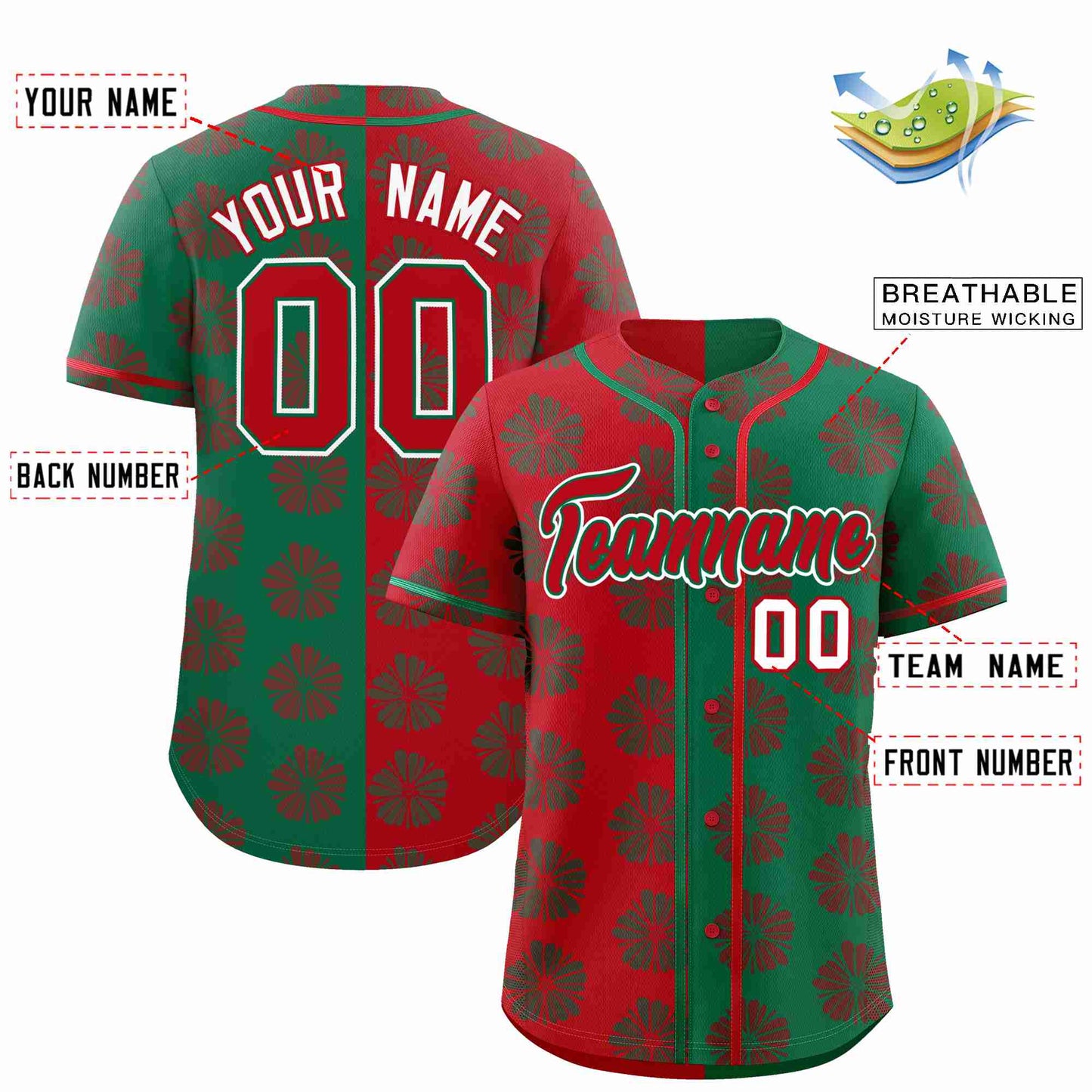 Custom Red Kelly Green Split Fashion Flower Graffiti Pattern Authentic Baseball Jersey