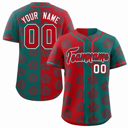 Custom Red Aqua Split Fashion Flower Graffiti Pattern Authentic Baseball Jersey