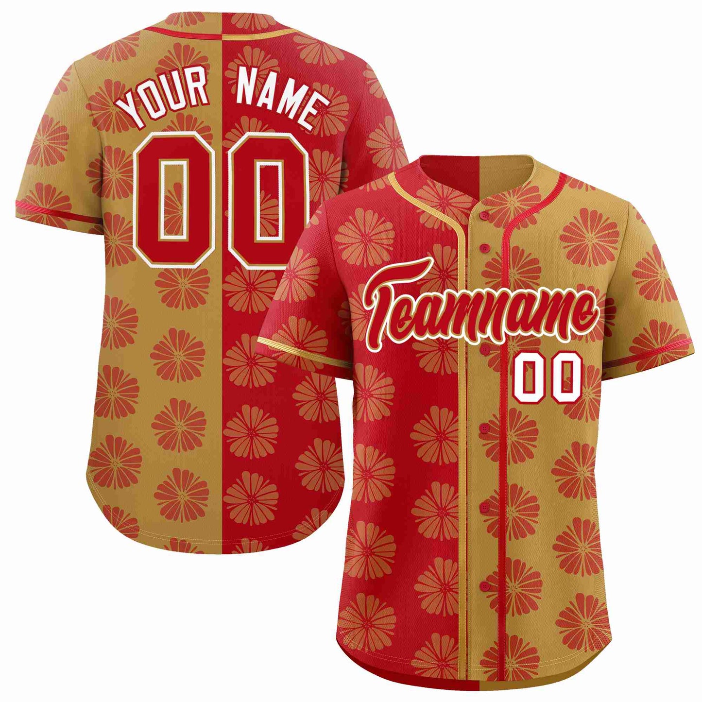 Custom Red Old Gold Split Fashion Flower Graffiti Pattern Authentic Baseball Jersey