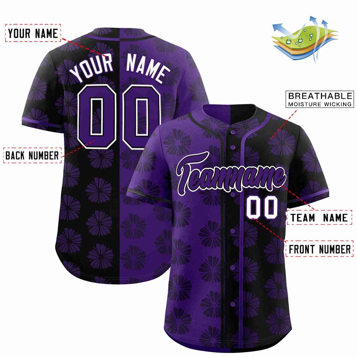 Custom Purple Black Split Fashion Flower Graffiti Pattern Authentic Baseball Jersey