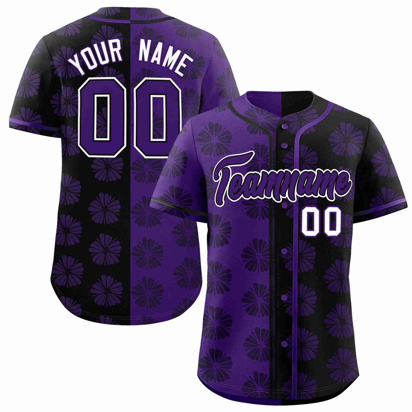 Custom Purple Black Split Fashion Flower Graffiti Pattern Authentic Baseball Jersey