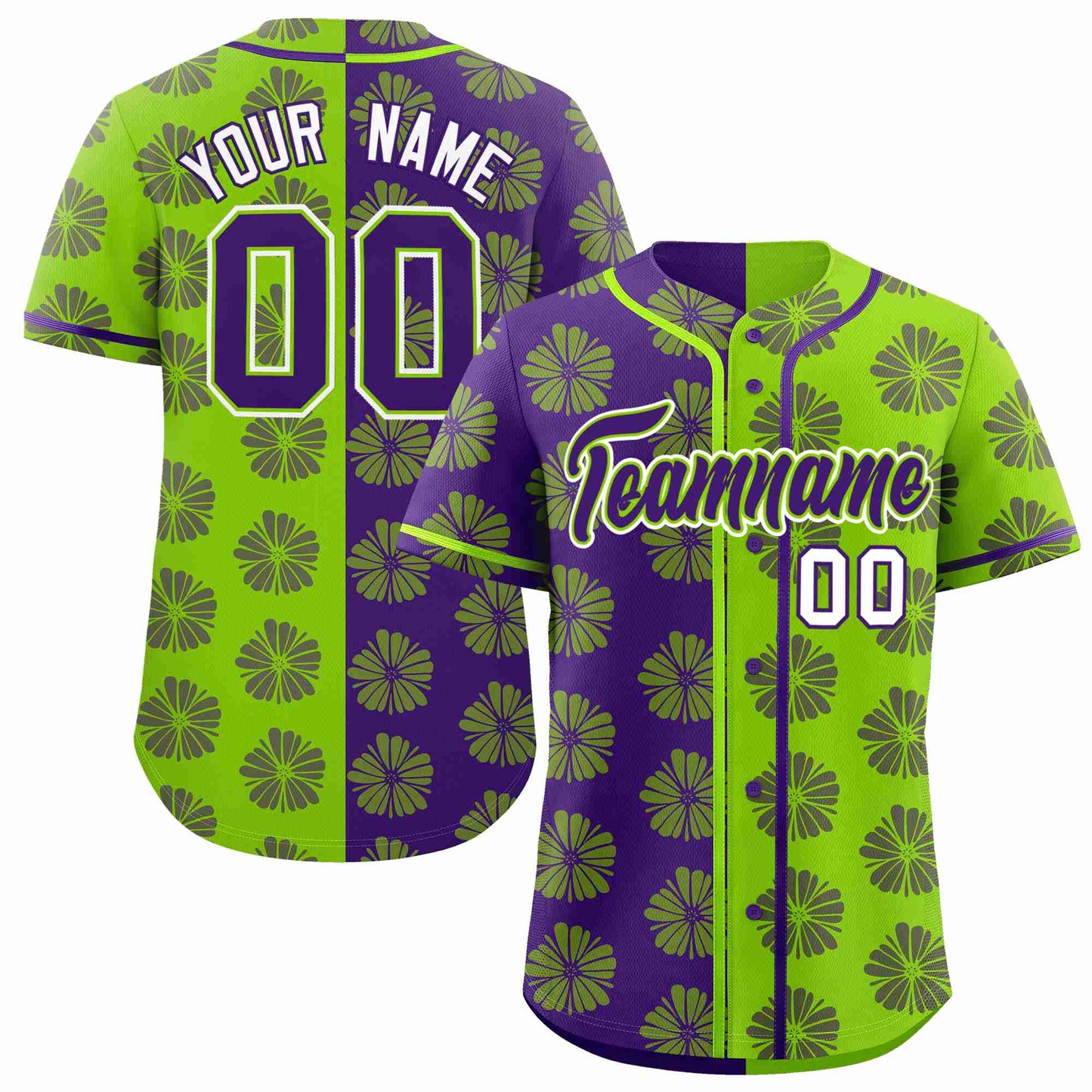 Custom Purple Neon Green Split Fashion Flower Graffiti Pattern Authentic Baseball Jersey