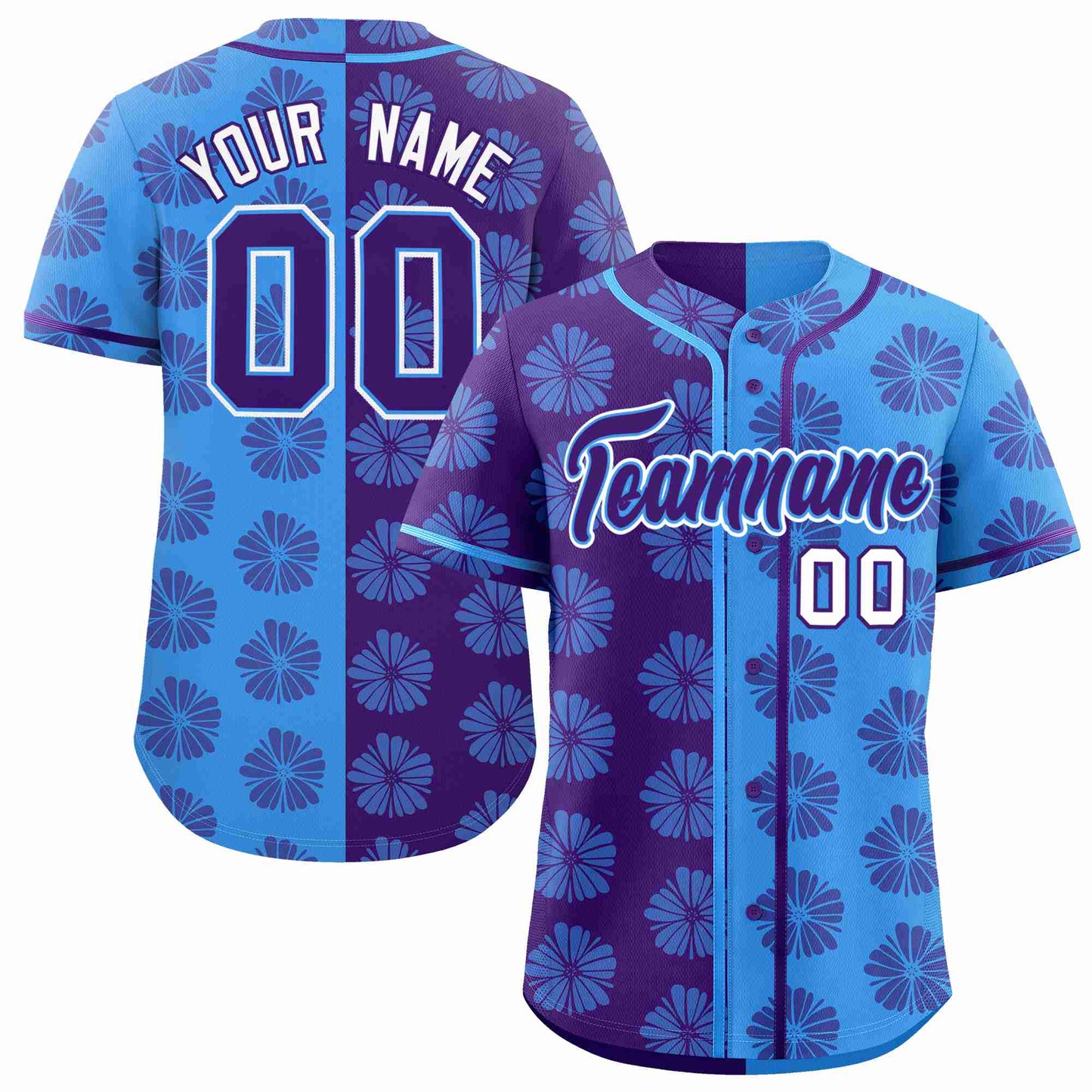 Custom Purple Powder Blue Split Fashion Flower Graffiti Pattern Authentic Baseball Jersey