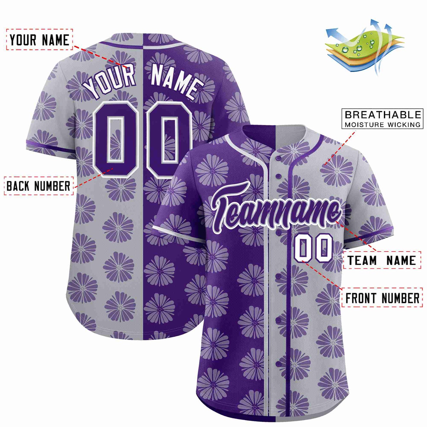 Custom Purple Light Gray Split Fashion Flower Graffiti Pattern Authentic Baseball Jersey