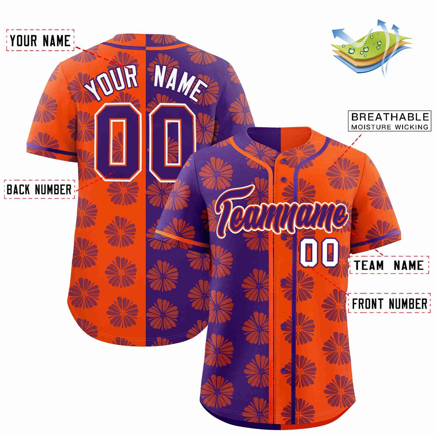 Custom Purple Orange Split Fashion Flower Graffiti Pattern Authentic Baseball Jersey