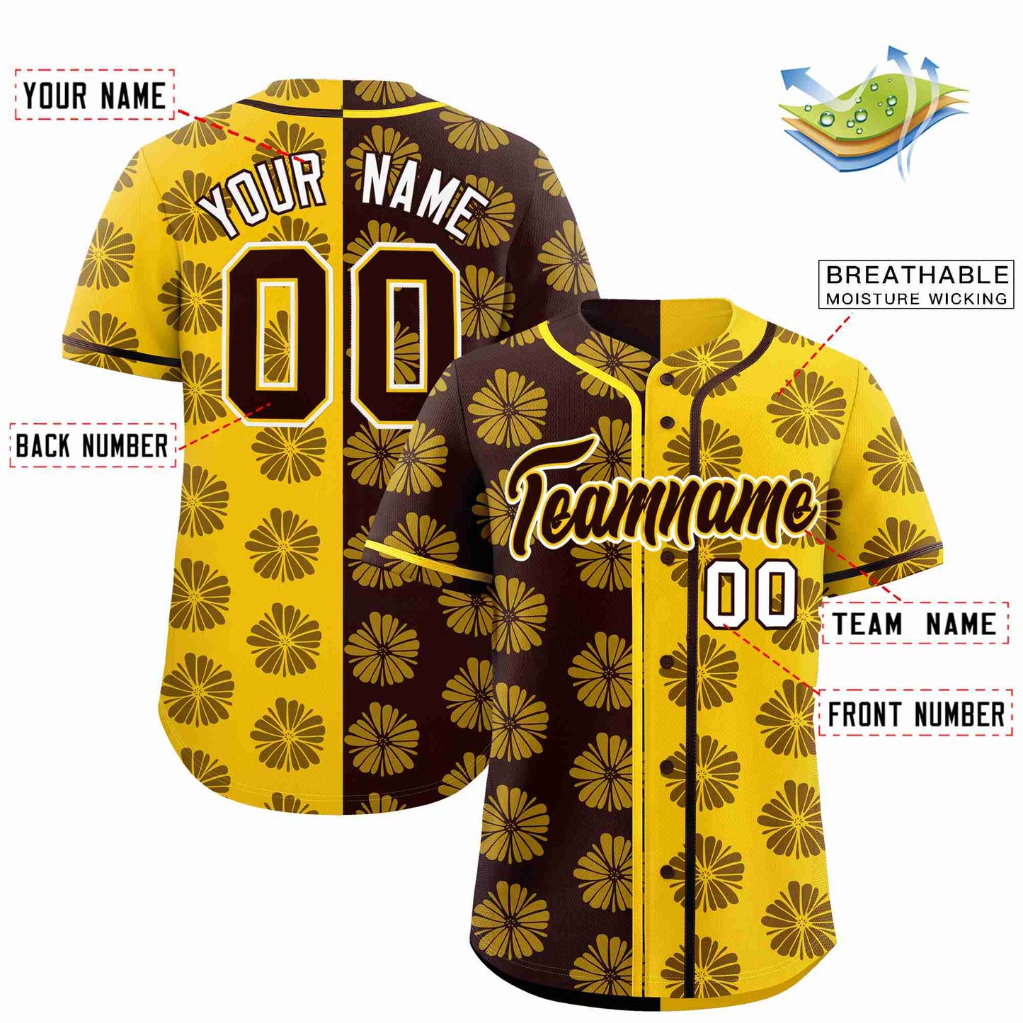 Custom Brown Gold Split Fashion Flower Graffiti Pattern Authentic Baseball Jersey