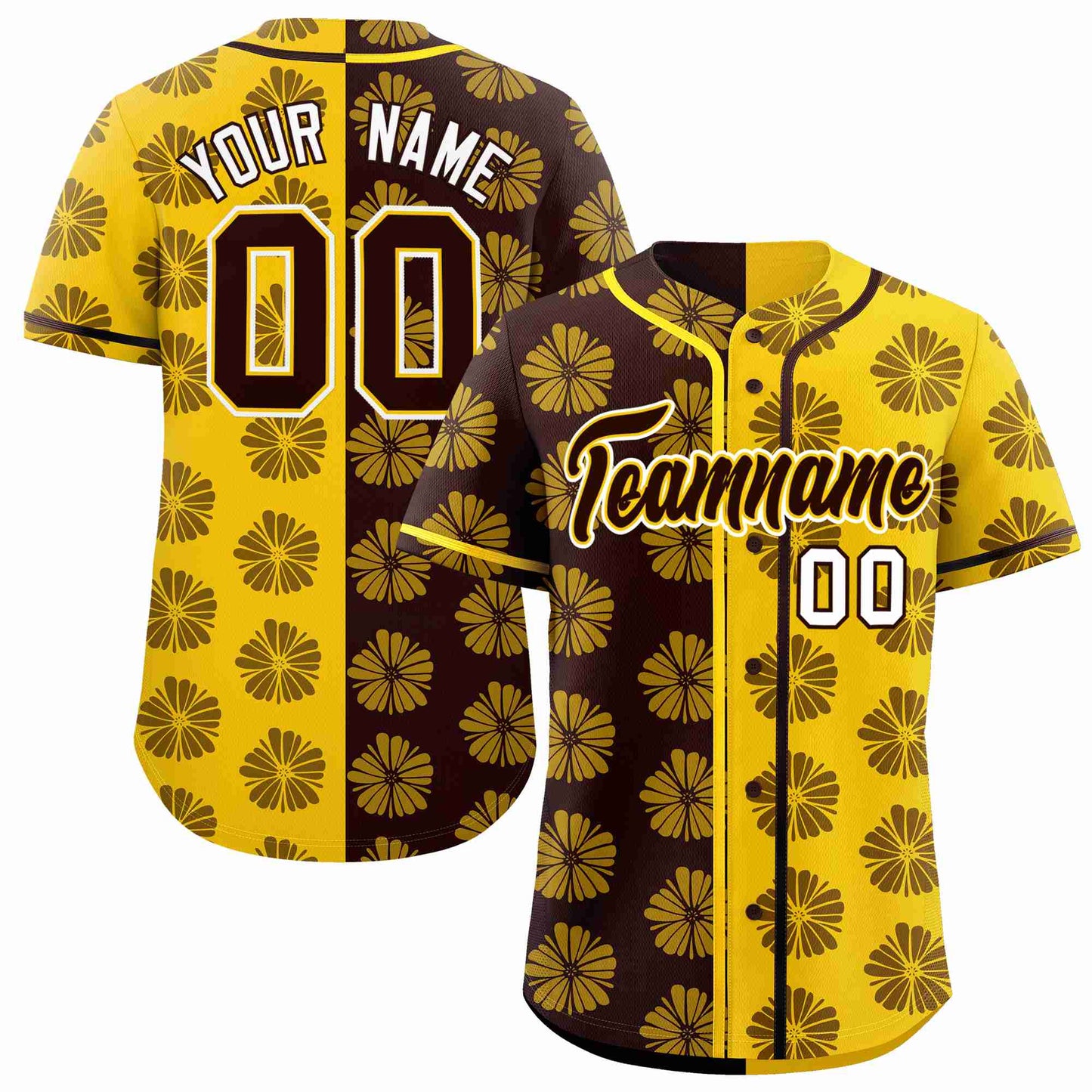 Custom Brown Gold Split Fashion Flower Graffiti Pattern Authentic Baseball Jersey