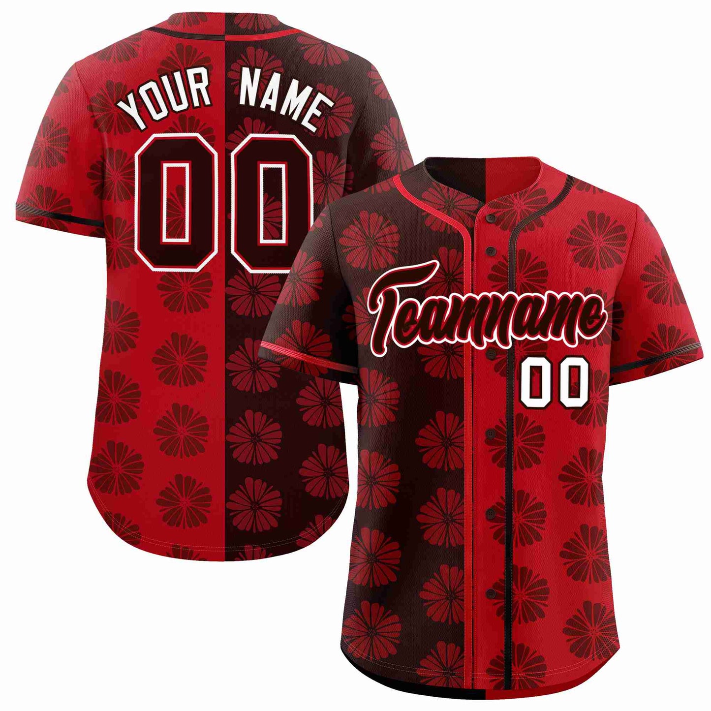 Custom Brown Red Split Fashion Flower Graffiti Pattern Authentic Baseball Jersey