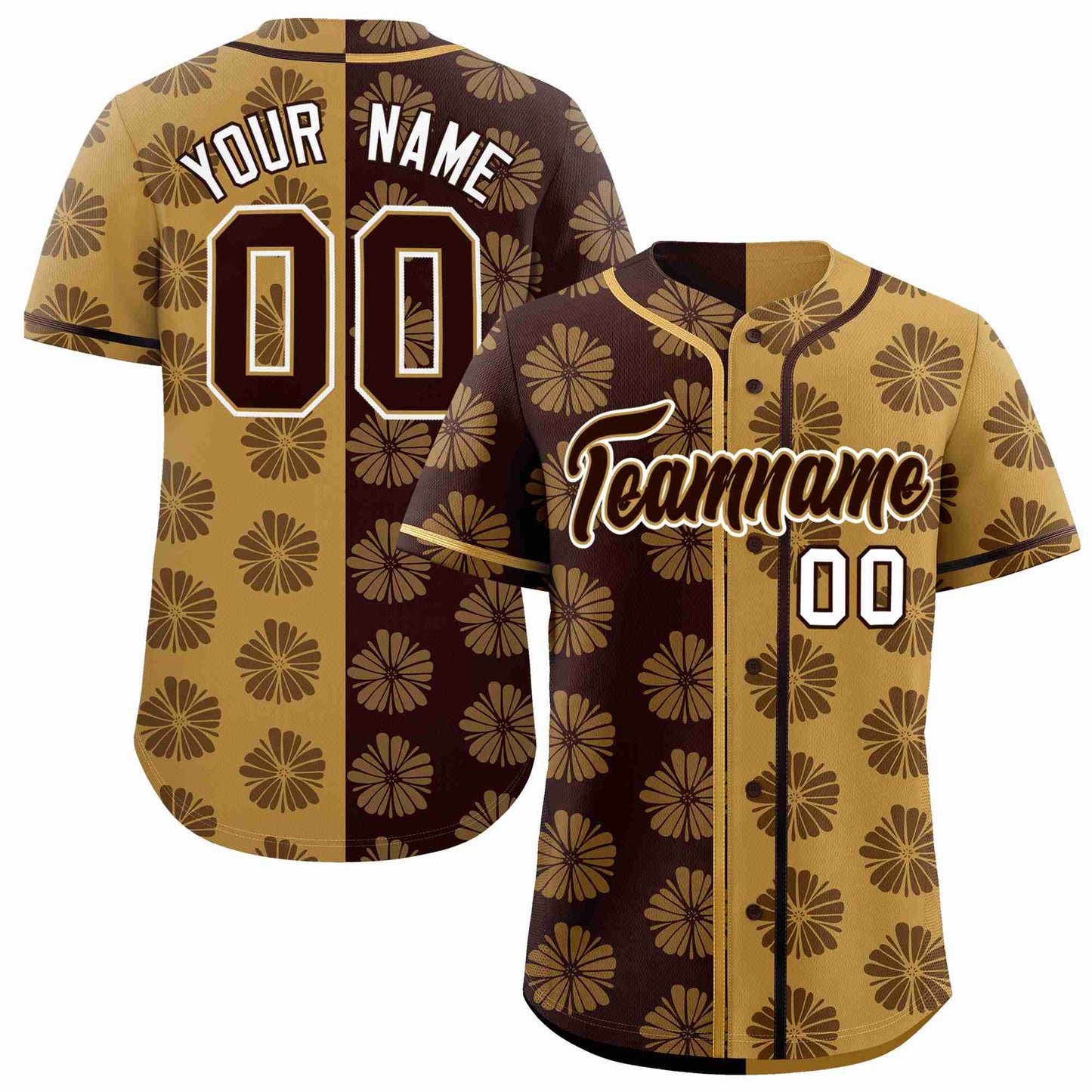 Custom Brown Old Gold Split Fashion Flower Graffiti Pattern Authentic Baseball Jersey