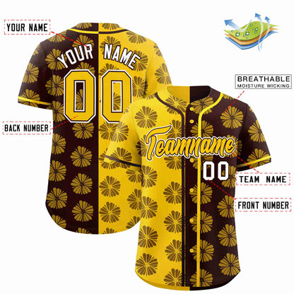 Custom Gold Brown Split Fashion Flower Graffiti Pattern Authentic Baseball Jersey