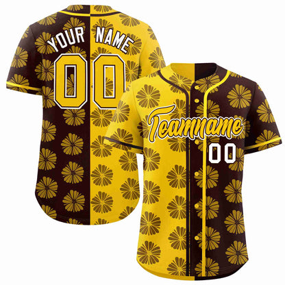 Custom Gold Brown Split Fashion Flower Graffiti Pattern Authentic Baseball Jersey