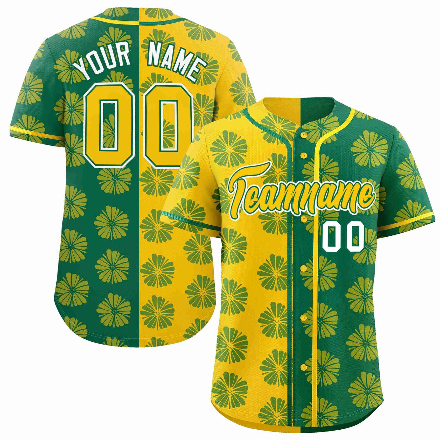 Custom Gold Kelly Green Split Fashion Flower Graffiti Pattern Authentic Baseball Jersey