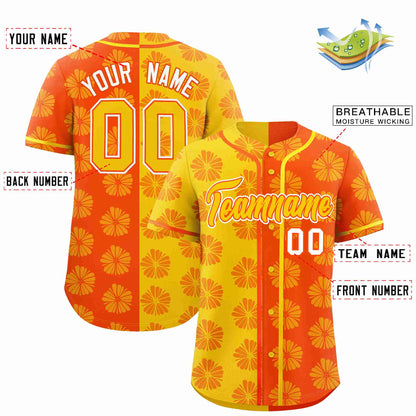 Custom Gold Orange Split Fashion Flower Graffiti Pattern Authentic Baseball Jersey