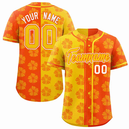 Custom Gold Orange Split Fashion Flower Graffiti Pattern Authentic Baseball Jersey