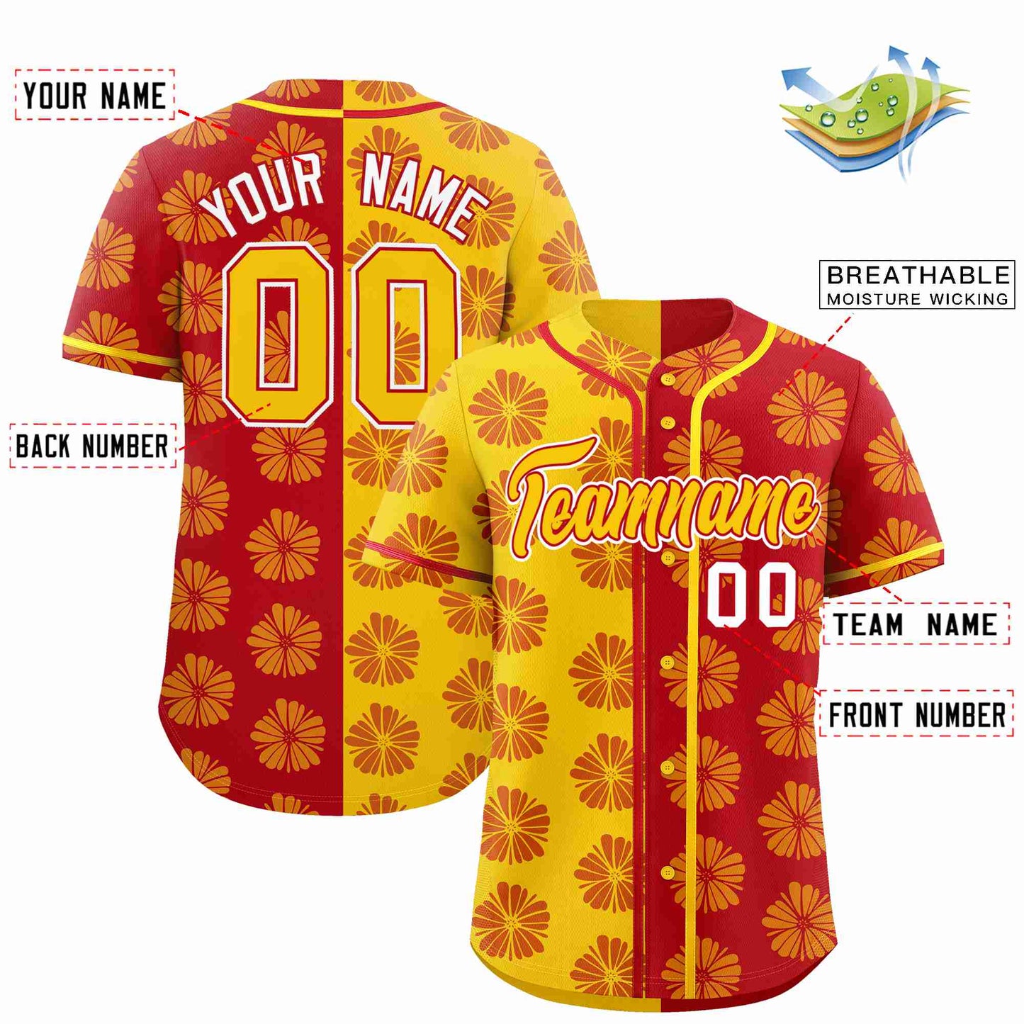 Custom Gold Red Split Fashion Flower Graffiti Pattern Authentic Baseball Jersey