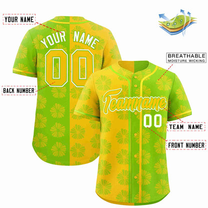 Custom Gold Neon Green Split Fashion Flower Graffiti Pattern Authentic Baseball Jersey