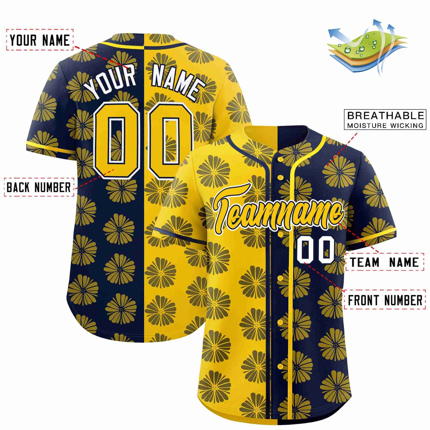 Custom Gold Navy Split Fashion Flower Graffiti Pattern Authentic Baseball Jersey