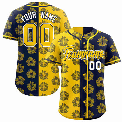 Custom Gold Navy Split Fashion Flower Graffiti Pattern Authentic Baseball Jersey