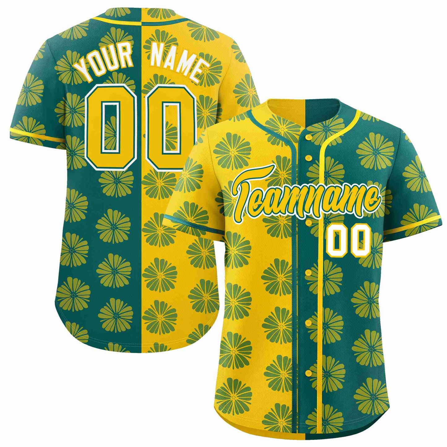 Custom Gold Aqua Split Fashion Flower Graffiti Pattern Authentic Baseball Jersey